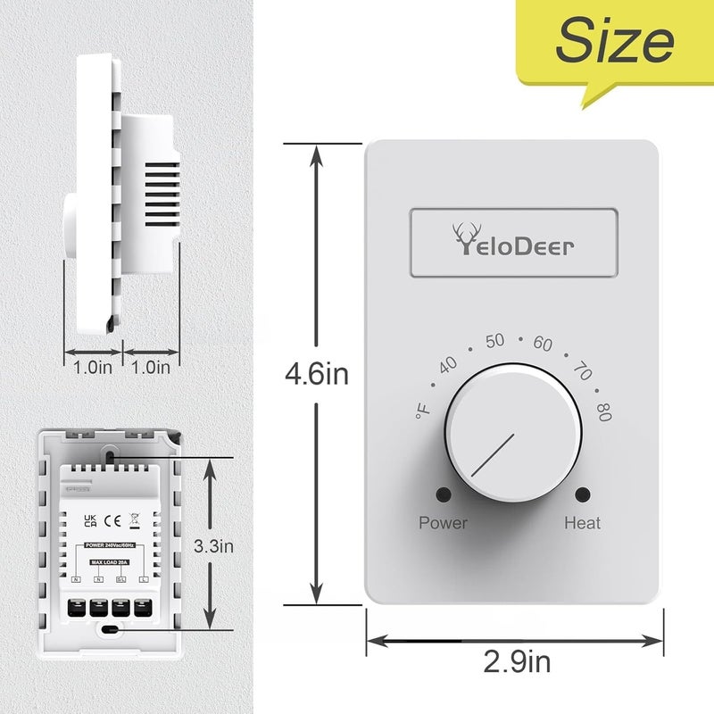 YeloDeer 2 PCS 240 V Only 4-Wire Manual Electric Baseboard Heater Thermostat for Home, - Image 5